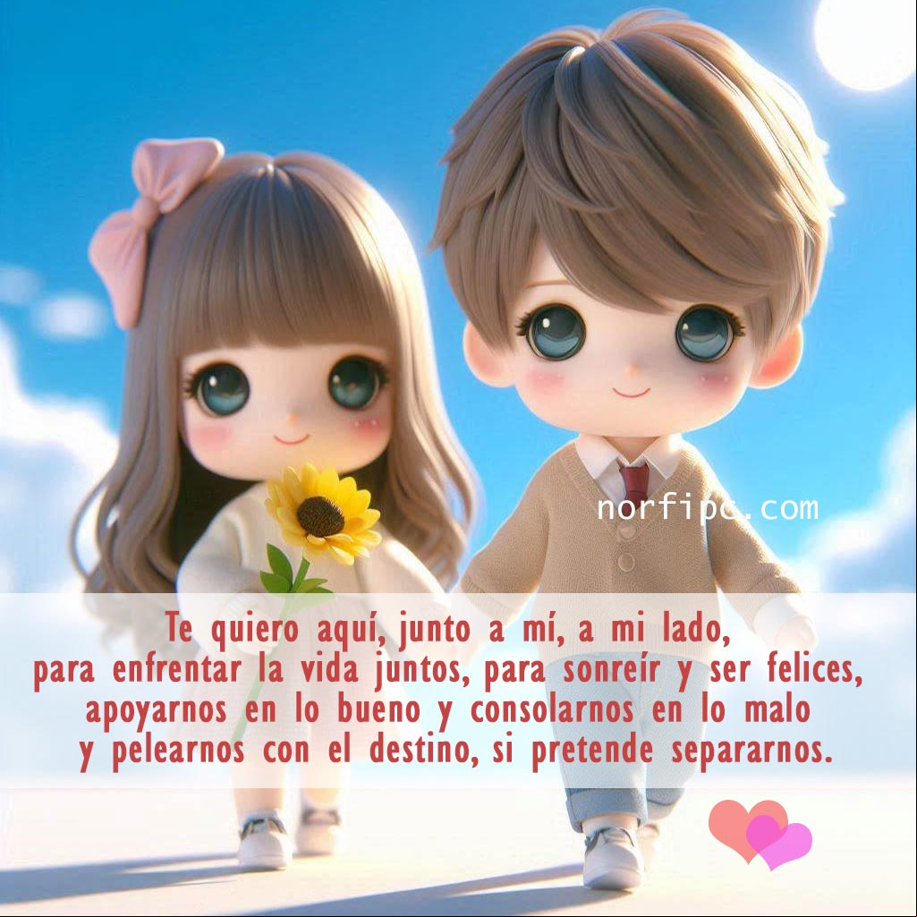 Te quiero aquí, junto a mí, a mi lado, para enfrentar la vida juntos, para sonreír y ser felices, para apoyarnos en lo bueno y consolarnos en lo malo y pelearnos con el destino, si pretende separarnos Chica y chico tomados de la mano