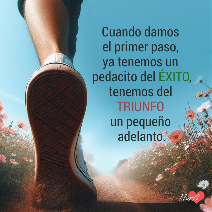 Cuando damos el primer paso, ya tenemos un pedacito del éxito, tenemos del triunfo, un pequeño adelanto Pie de una persona en un camino de tierra con flores a los lados