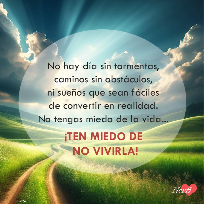 No hay día sin tormentas, caminos sin obstáculos, ni sueños que sean fáciles de convertir en realidad. No tengas miedo de la vida... ¡ten miedo de no vivirla! Camino, prado verde, cielo azul con nubes blancas y oscuras rayos de sol filtrandose