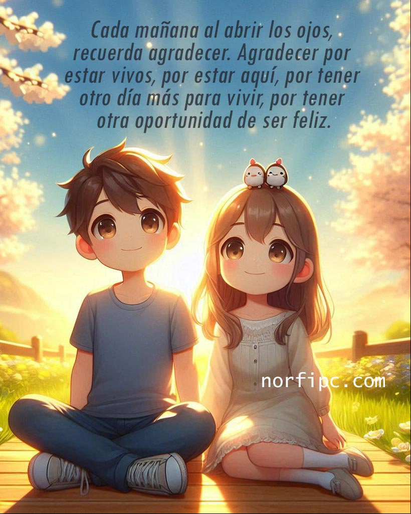 Cada mañana al abrir los ojos, recuerda agradecer. Agradecer por estar vivo, por estar aquí, por tener otro día más para vivir, por tener otra oportunidad de ser feliz Chica y chico sentados juntos mirando el amanecer, cielo azul