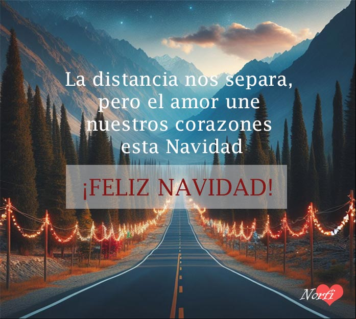La distancia nos separa, pero el amor une nuestros corazones esta Navidad.
¡Feliz Navidad!
Carretera desierta solitaria, pinos a los lados, montañas, cielo azul, luces de navidad