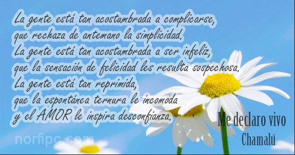 La gente está tan reprimida, que la espontánea ternura le incomoda y el amor le inspira desconfianza... Frase de un poema de Chamalú La espontánea ternura le incomoda y el amor le inspira desconfianza. De un poema de Chamalú