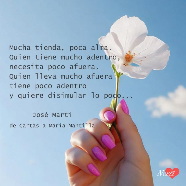 Quien tiene mucho adentro, necesita poco afuera. Quien lleva mucho afuera tiene poco adentro y quiere disimular lo poco. Pensamiento de José Martí sobre la elegancia y el buen gusto Mano de mujer con una flor blanca, fondo cielo azul