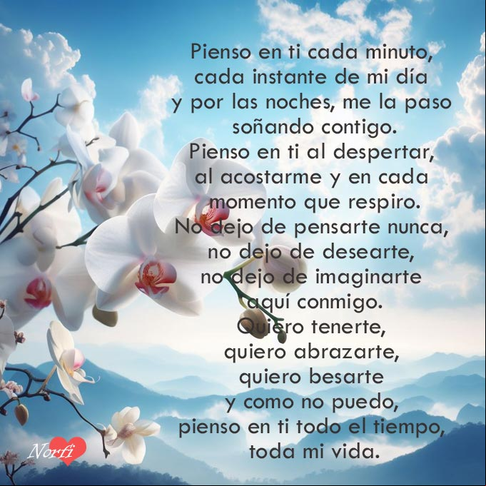 Solo pienso en ti, poema Flores de orquídea blanca, fondo montañas y cielo azul