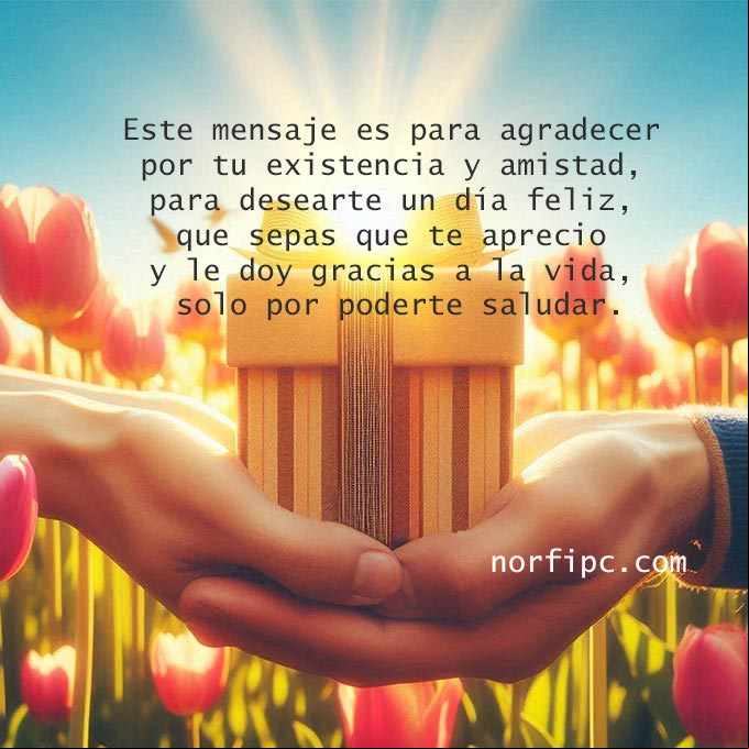 Este mensaje es para agradecer por tu existencia y amistad, para desearte un día feliz, que sepas que te aprecio y le doy gracias a la vida, solo por poderte saludar Manos extendidas entregando un presente