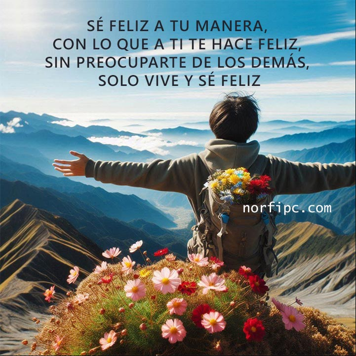 Sé feliz a tu manera, con lo que a ti te hace feliz, sin preocuparte de lo que hace feliz a los demás, sin importar lo que piensen o digan los demás, solo vive y sé feliz Persona con los brazos abiertos en la cima de una montaña