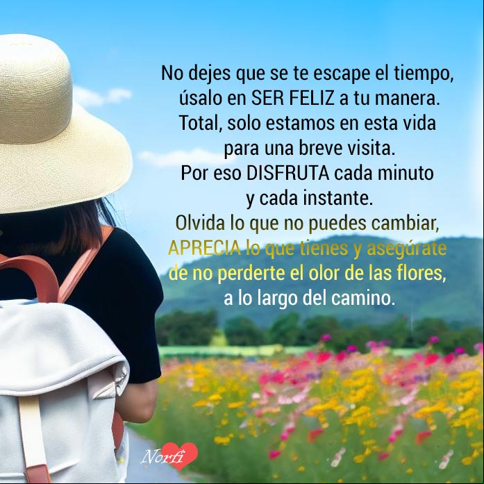 No dejes que se te escape el tiempo, úsalo en ser feliz a tu manera Persona de espaldas con mochila y sombrero mirando camino con flores varios colores