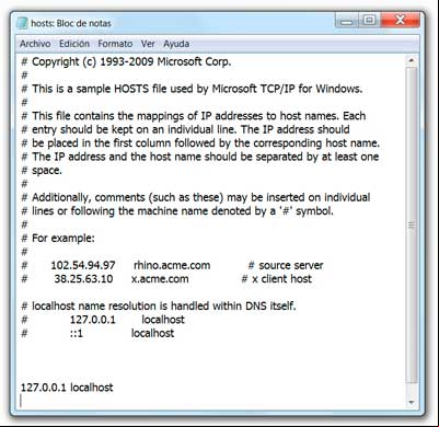 Contenido del archivo hosts original de Windows Contenido del archivo hosts original de Windows