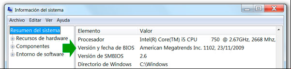 Valor que muestra Información del sistema del BIOS del equipo