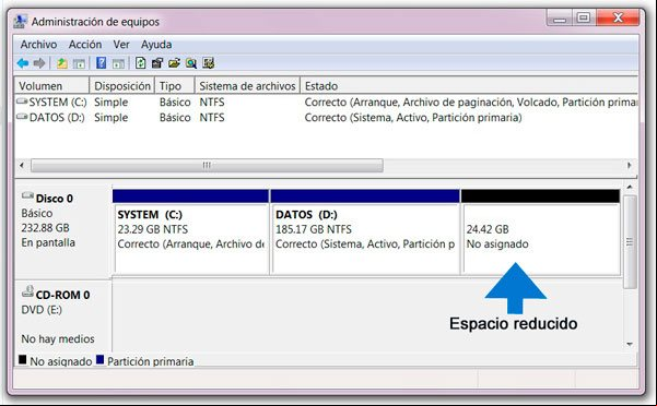 Volumen reducido con el espacio en disco sin asignar