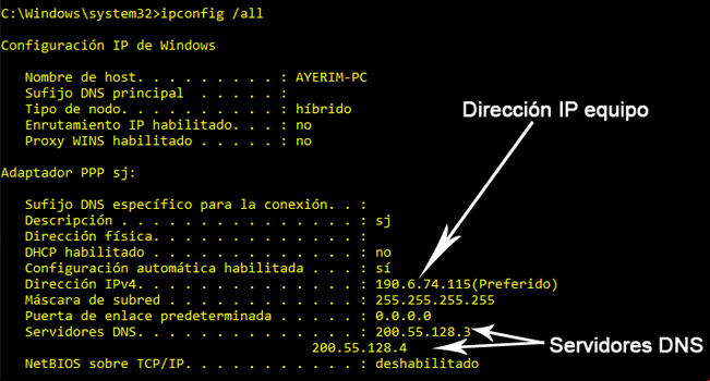 Usar el comando IPCONFIG para conocer la dirección IP externa conectado a internet