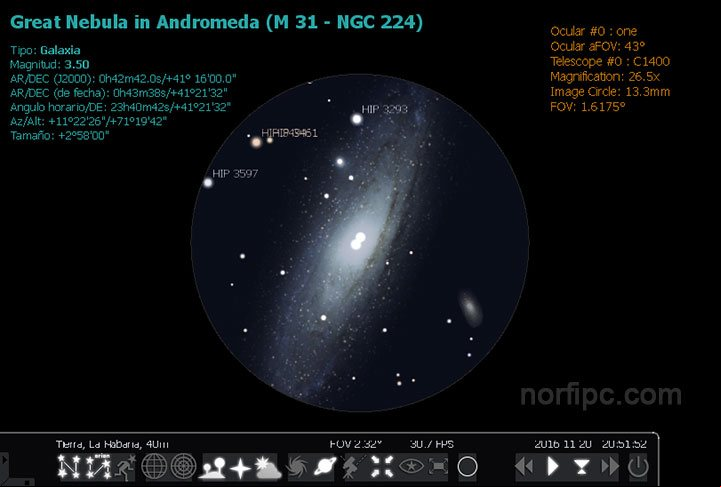 Observando la Galaxia de Andrómeda con Stellarium usando el complemento Ocular Observando la Galaxia de Andrómeda con Stellarium