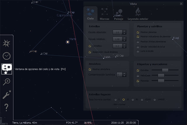 Opciones para personalizar la vista en Stellarium Opciones para personalizar la vista en Stellarium
