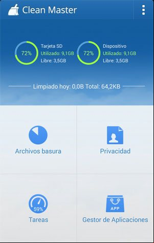 Controles de la aplicación Clean Master para eliminar archivos innecesarios en Android Controles de la aplicación Clean Master para eliminar archivos innecesarios en Android