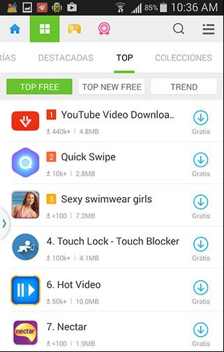 Ventana de la aplicación Mobogenie para el móvil, con lo más descargado Ventana de la aplicación Mobogenie para el móvil, con lo más descargado