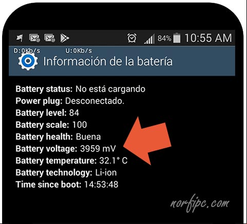 Menú de Información de la batería en un teléfono Samsung, mostrando el voltaje de la batería sin cargar el teléfono Voltaje de la batería sin cargar el teléfono