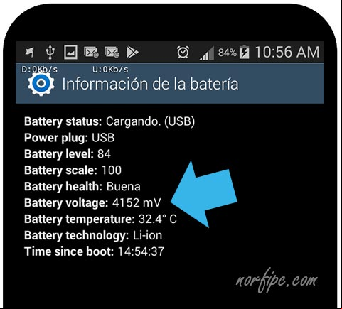 Información del voltaje de la batería al estar conectado el teléfono a un puerto USB de la computadora Voltaje de la batería conectado el teléfono a un puerto USB
