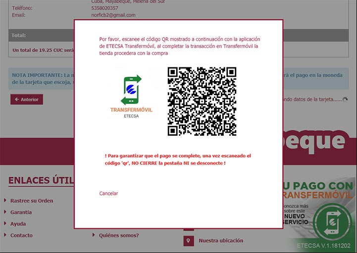 Código QR en la página de la Tienda virtual Tu Envío para hacer el pago Código QR en la página de la Tienda virtual Tu Envío para hacer el pago