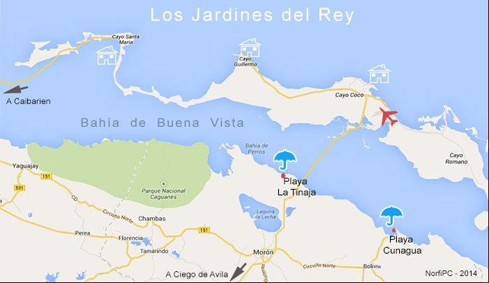 Mapa de la zona turística los Jardines del Rey al norte de Cuba Mapa de la zona turística los Jardines del Rey al norte de Cuba