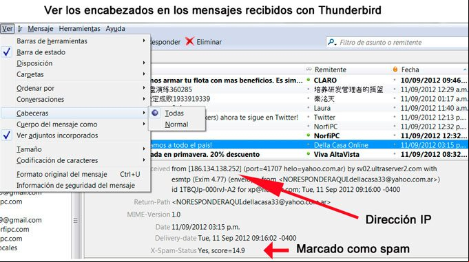 Ver los encabezados encima de los mensajes recibidos con Thunderbird