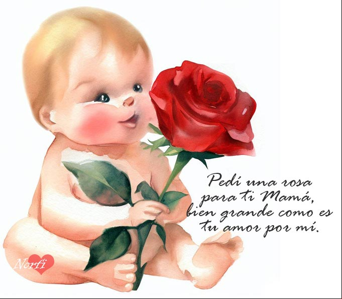 Pedí una rosa para ti Mamá, bien grande como es tu amor por mí Bebe con una rosa roja con mensaje para su madre