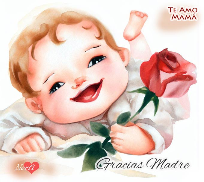 Gracias Madre, te amo Mamá Bebe con una rosa en la mano para su Mamá