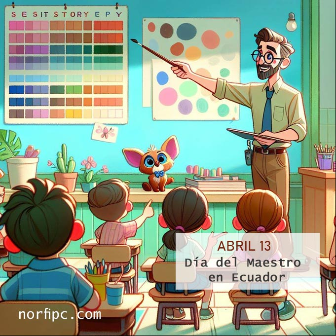 13 de abril, Día del Maestro en Ecuador Maestro dando clases un un aula con niños