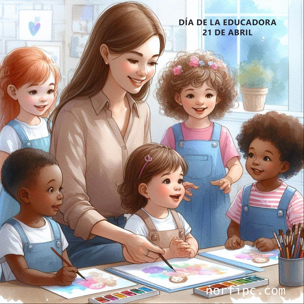 21 de abril, Día de la Educadora o Día de la Educación Preescolar Educadora enseñando a los niños