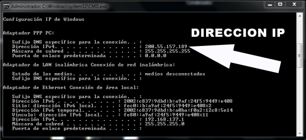 Imagen de la ventana de comandos de Windows al ejecutar ipconfg Imagen de la ventana de comandos de Windows al ejecutar ipconfg