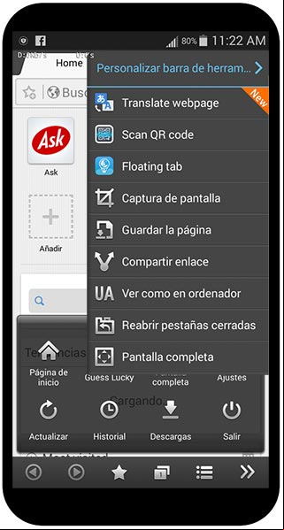 Página de inicio de navegador móvil Boat Browser Free, con el Menú y la barra de herramientas lateral Página de inicio de navegador móvil Boat Browser Free