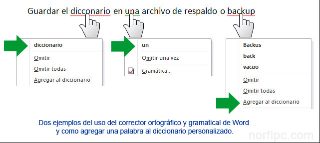 Ejemplos del uso del corrector ortográfico y gramatical de Word y como agregar una palabra al diccionario personalizado Ejemplos del uso del diccionario personalizado de Word