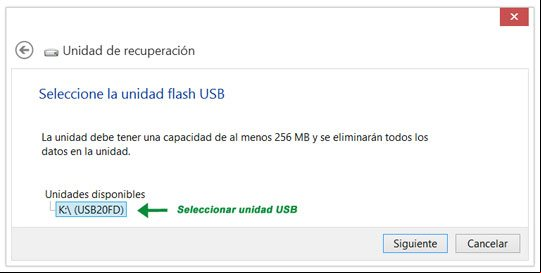 Escoger la unidad USB donde sera creada la unidad de recuperación Escoger la unidad USB donde sera creada la unidad de recuperación