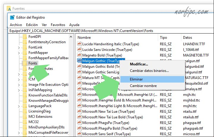 Eliminando desde el Registro de Windows la fuente Malgun Gothic, usada solo en el idioma coreano Eliminando desde el Registro de Windows