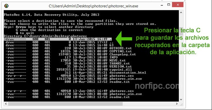 Ventana de PhotoRec, seleccionar donde guardar los archivos recuperados Ventana de PhotoRec, seleccionar donde guardar los archivos recuperados