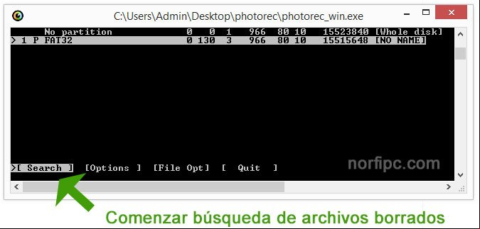 Ventana de PhotoRec con el tipo de tabla de particionamiento Ventana de PhotoRec con el tipo de tabla de particionamiento