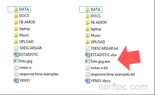 Contenido de un dispositivo en el explorador sin la extensión de archivo y después mostrándola Archivos en el explorador sin la extensión de archivo y después mostrándola