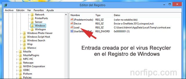 Entrada creada por el virus Recycler en el Registro de Windows Entrada creada por el virus Recycler en el Registro de Windows