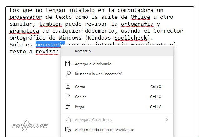 Revisión ortográfica en el navegador Microsoft Edge