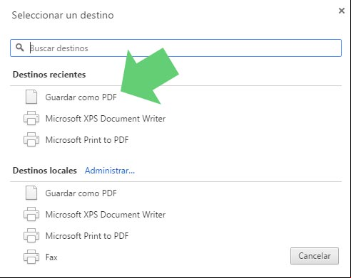Seleccionar destino al Imprimir en Google Chrome, para activar la opción PDF Seleccionar destino al Imprimir en Google Chrome