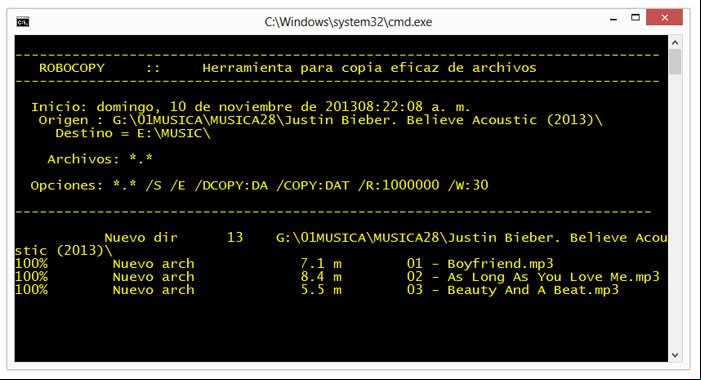 Ventana de Robocopy copiando archivos al USB Ventana de Robocopy copiando archivos al USB