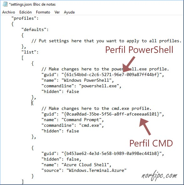 Perfiles en la configuración de la aplicación Terminal de Windows Perfiles en la configuración de la aplicación Terminal de Windows