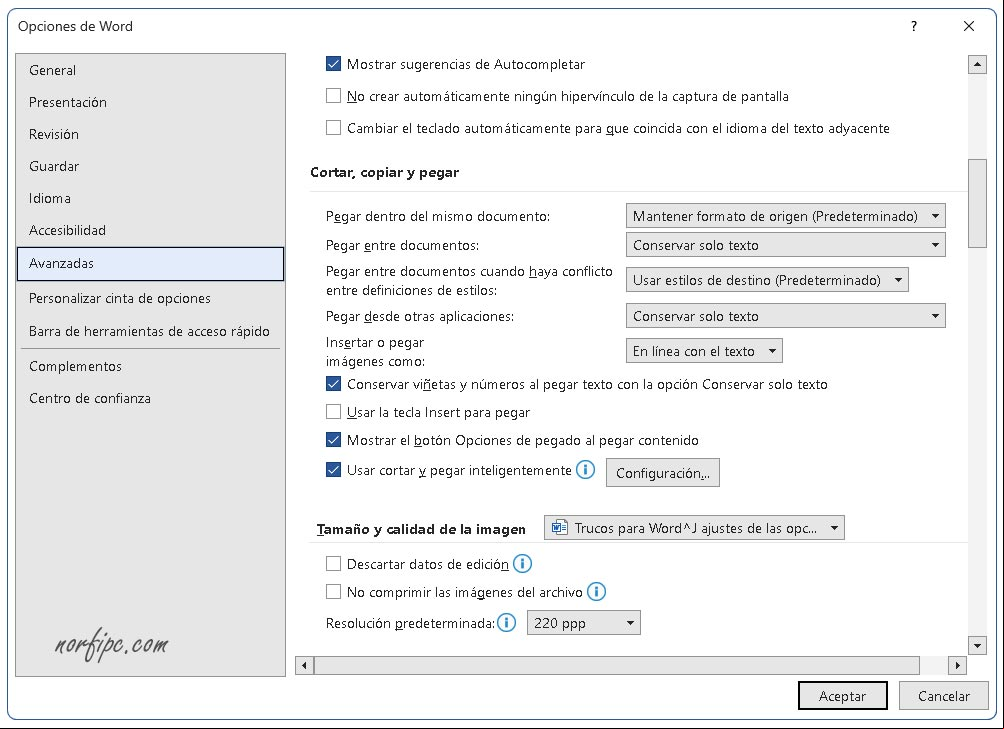 Ajustes en la configuración de Word de cortar, copiar y pegar Ajustes en la configuración de Word de cortar, copiar y pegar