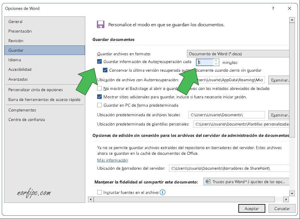 Habilitar y personalizar en Word el guardado de archivos y la Autorrecuperación de documentos Habilitar y personalizar en Word el guardado de archivos y la Autorrecuperación de documentos