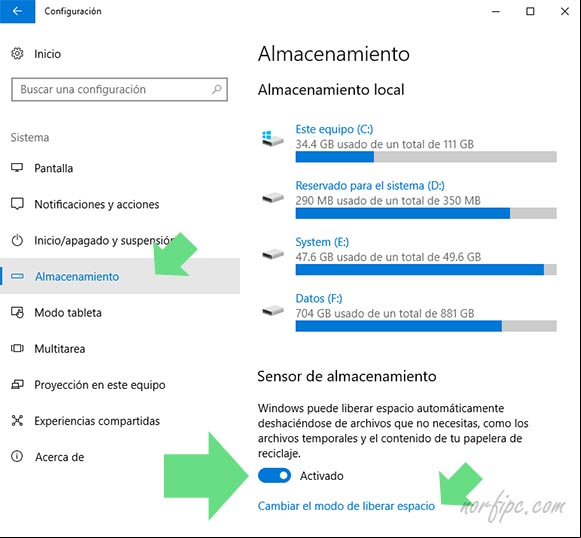Activar el Sensor de almacenamiento de Windows 10 Activar el Sensor de almacenamiento de Windows 10