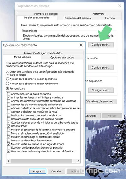 Ajustar efectos visuales que influyen en el rendimiento en Windows 10 Ajustar efectos visuales que influyen en el rendimiento en Windows 10