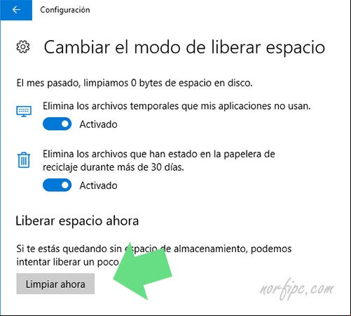 Cambiar el modo de liberar espacio en Windows 10 Cambiar el modo de liberar espacio en Windows 10