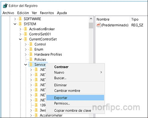 Guardar clave del Registro con la configuracion de los servicios en Windows 10 Guardar clave del Registro con la configuracion de los servicios en Windows 10