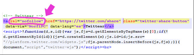 Un ejemplo del código del botón de Twitter al que se le ha agregado manualmente el atributo rel nofollow Un ejemplo del código del botón de Twitter al que se le ha agregado manualmente el atributo rel nofollow