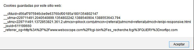 Mensajes en el navegador de las cookies guardadas por un sitio web Mensajes en el navegador de las cookies guardadas por un sitio web