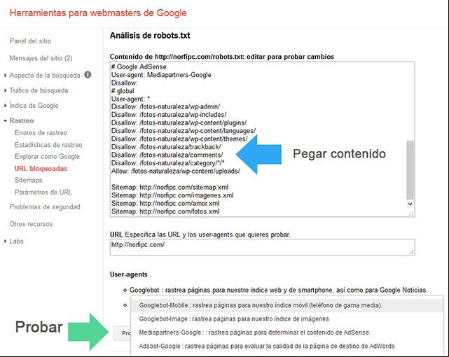 Probar un archivo robots.txt usando la Herramientas para de Google Probar un archivo robots.txt usando la Herramientas para de Google